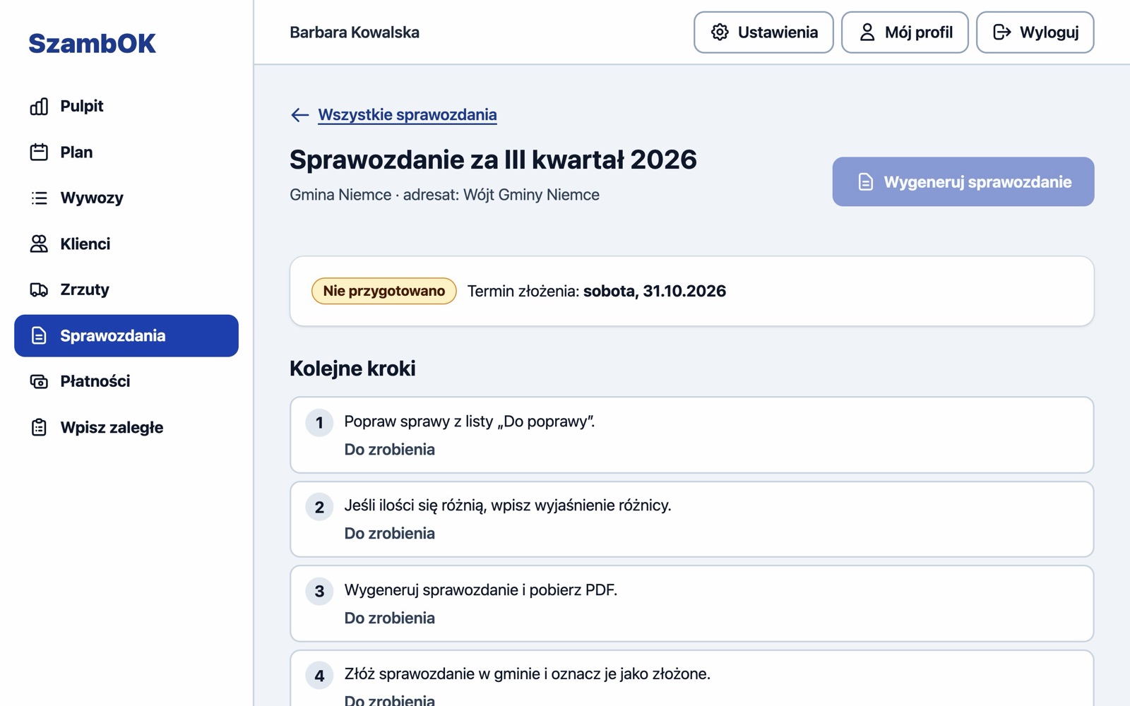 Ekran sprawozdania za III kwartał 2026 dla Gminy Niemce z listą kolejnych kroków i przyciskiem Wygeneruj sprawozdanie