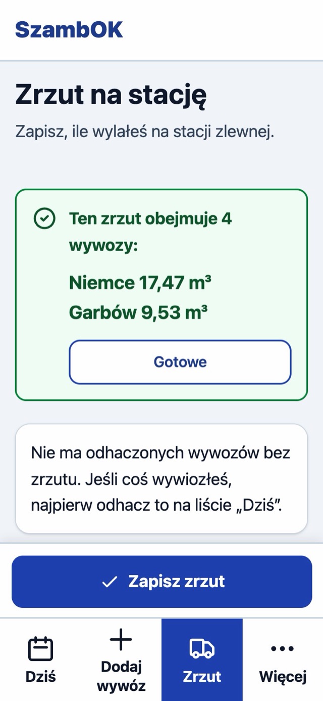 Ekran Zrzut na stację: ten zrzut obejmuje 4 wywozy, Niemce 17,47 m³, Garbów 9,53 m³